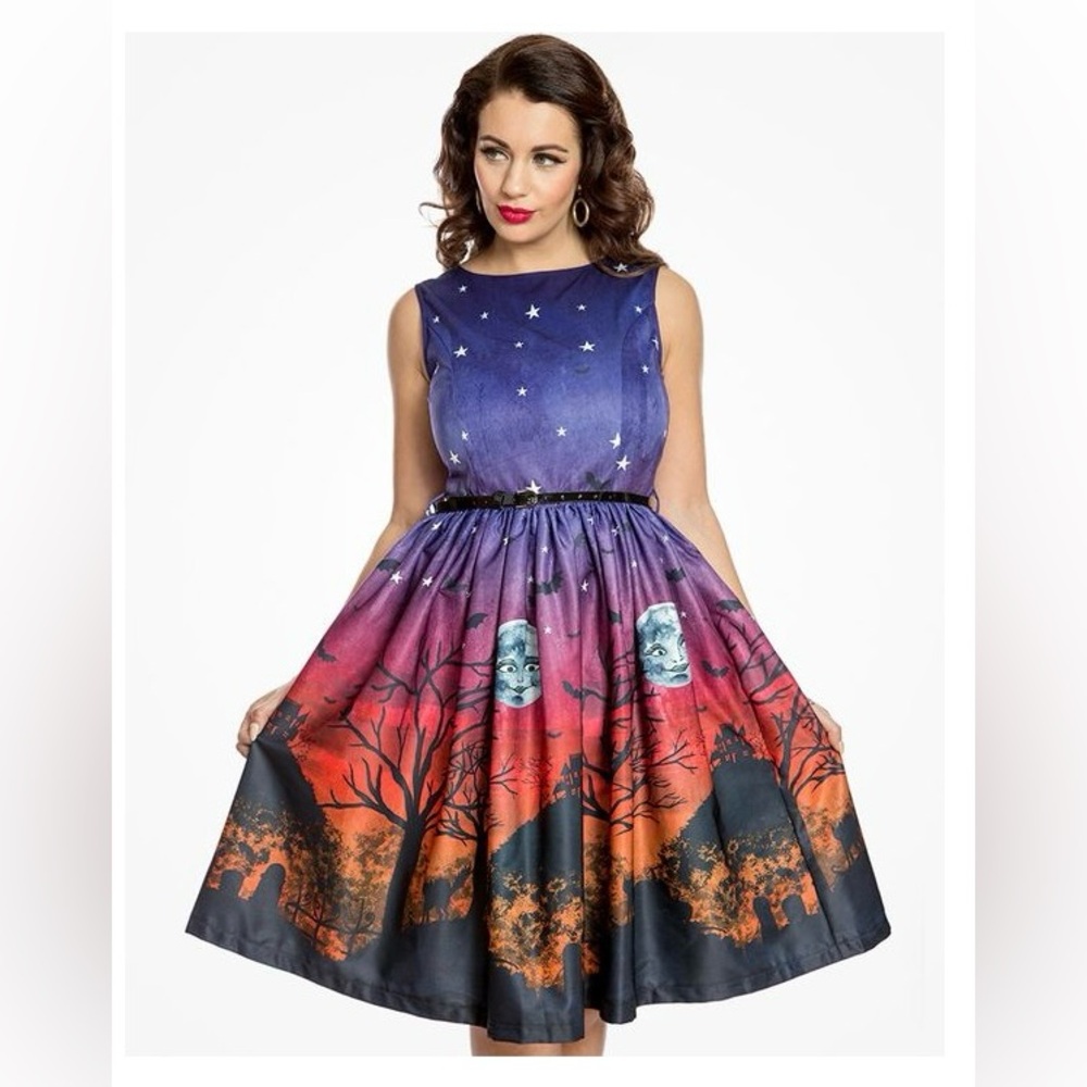 Lindy Bop Audrey sinister scene Halloween moon haunted house dress uk10